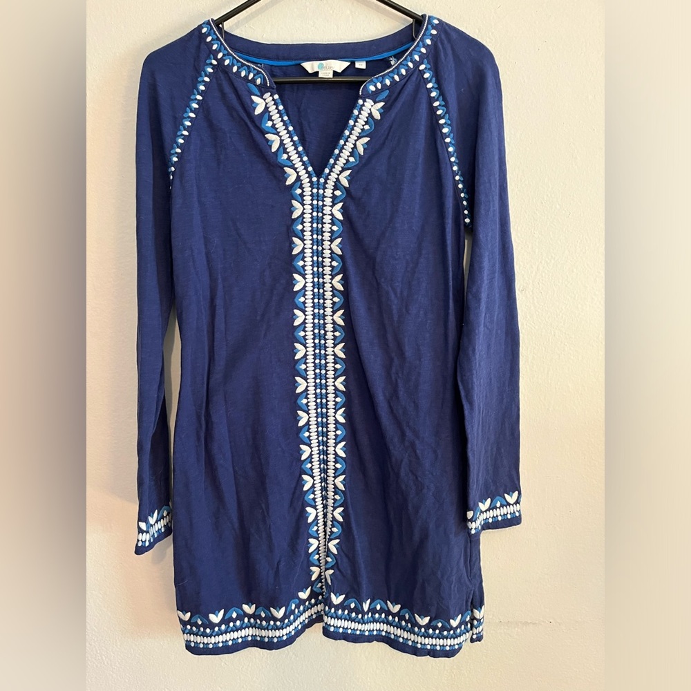 Boden Navy Long Sleeve Embroidered Tunic Dress with White & Light Blue Trim